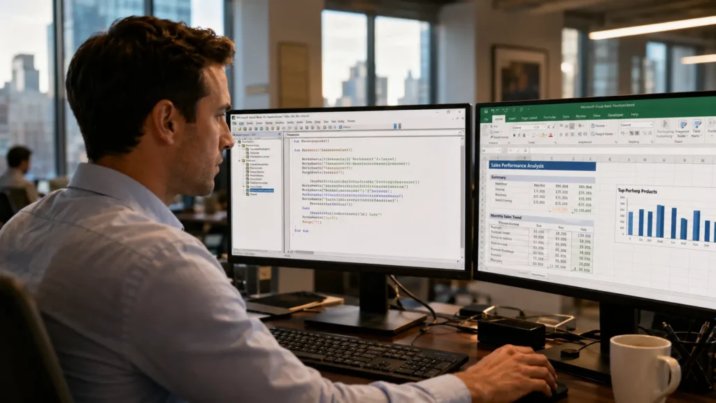 A professional running an Excel VBA automation macro on a dual-monitor office setup