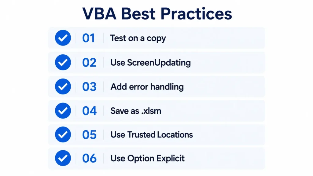 Excel VBA best practices checklist with 6 safety tips for running macros