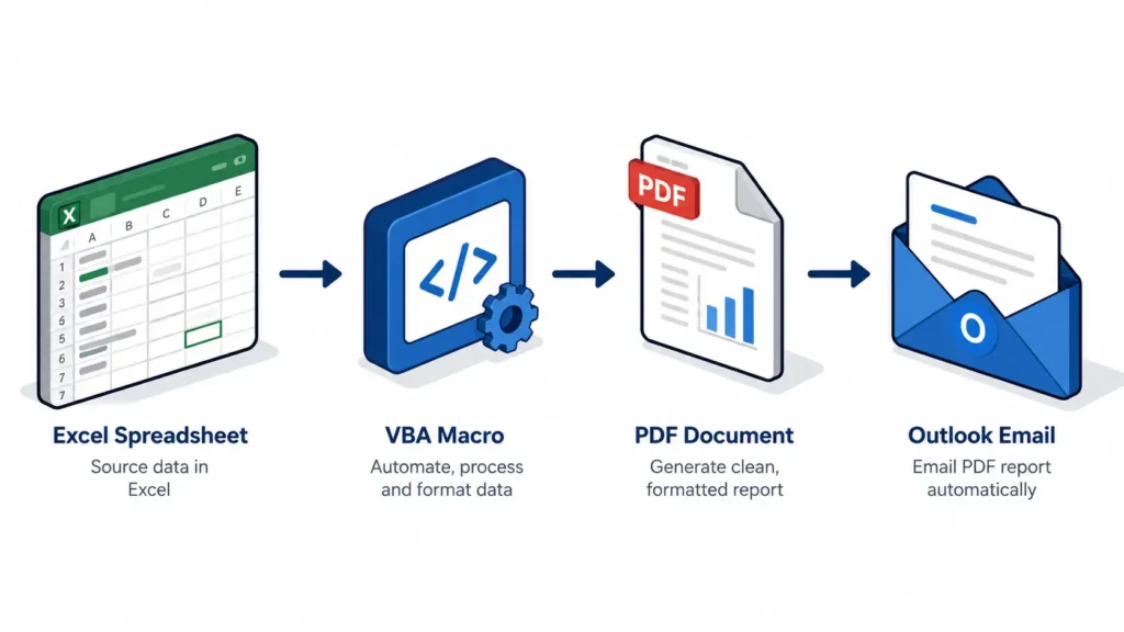 Infographic showing Excel VBA automation workflow from spreadsheet to PDF to Outlook email